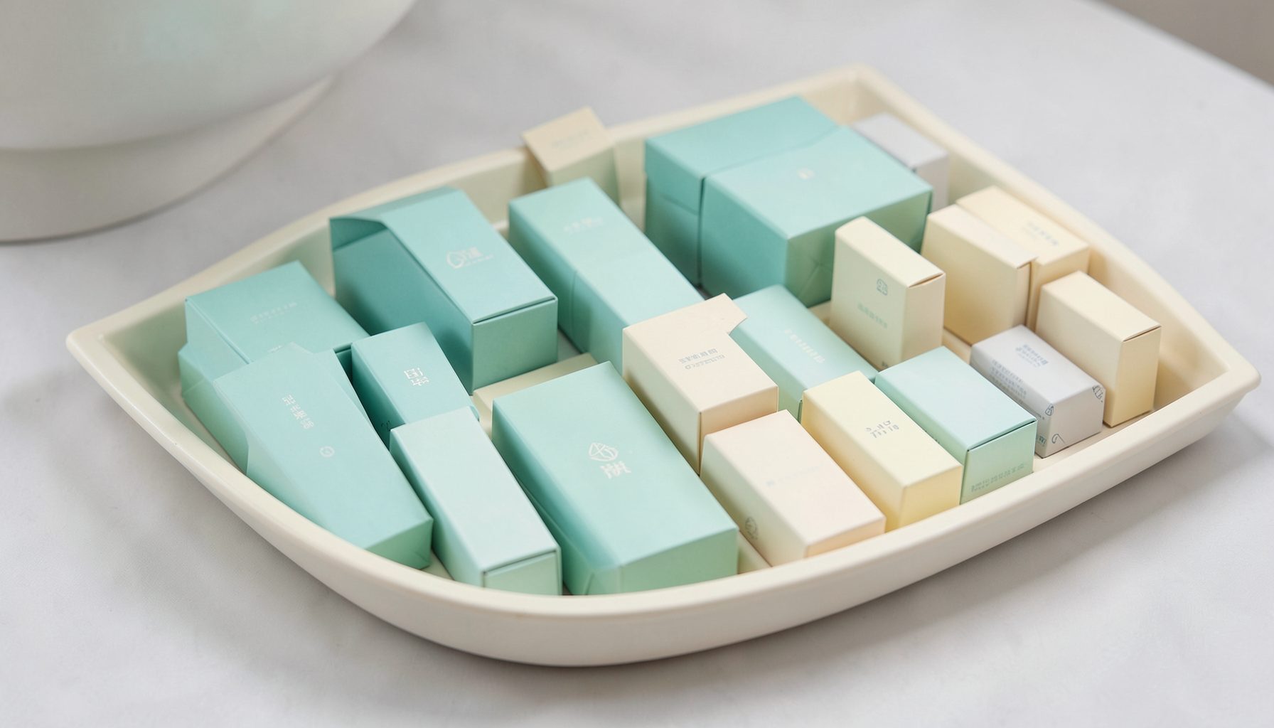 a neatly arranged tray of beauty product samples in soft teal and cream packaging, tidy and inviting mood