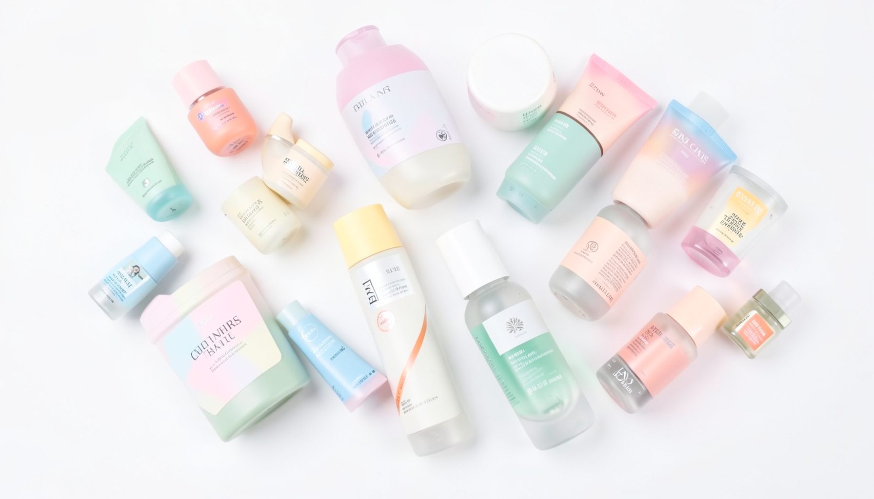 An assortment of skincare products in pastel packaging spread across a white background