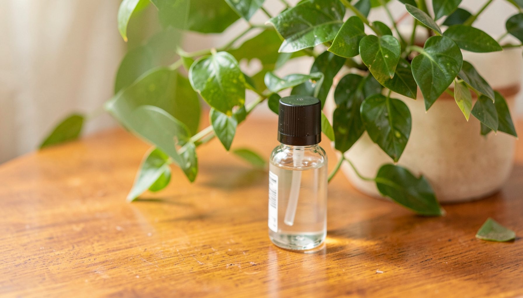 a small toner bottle and gel next to a leafy plant on a warm wooden table, fresh and natural mood