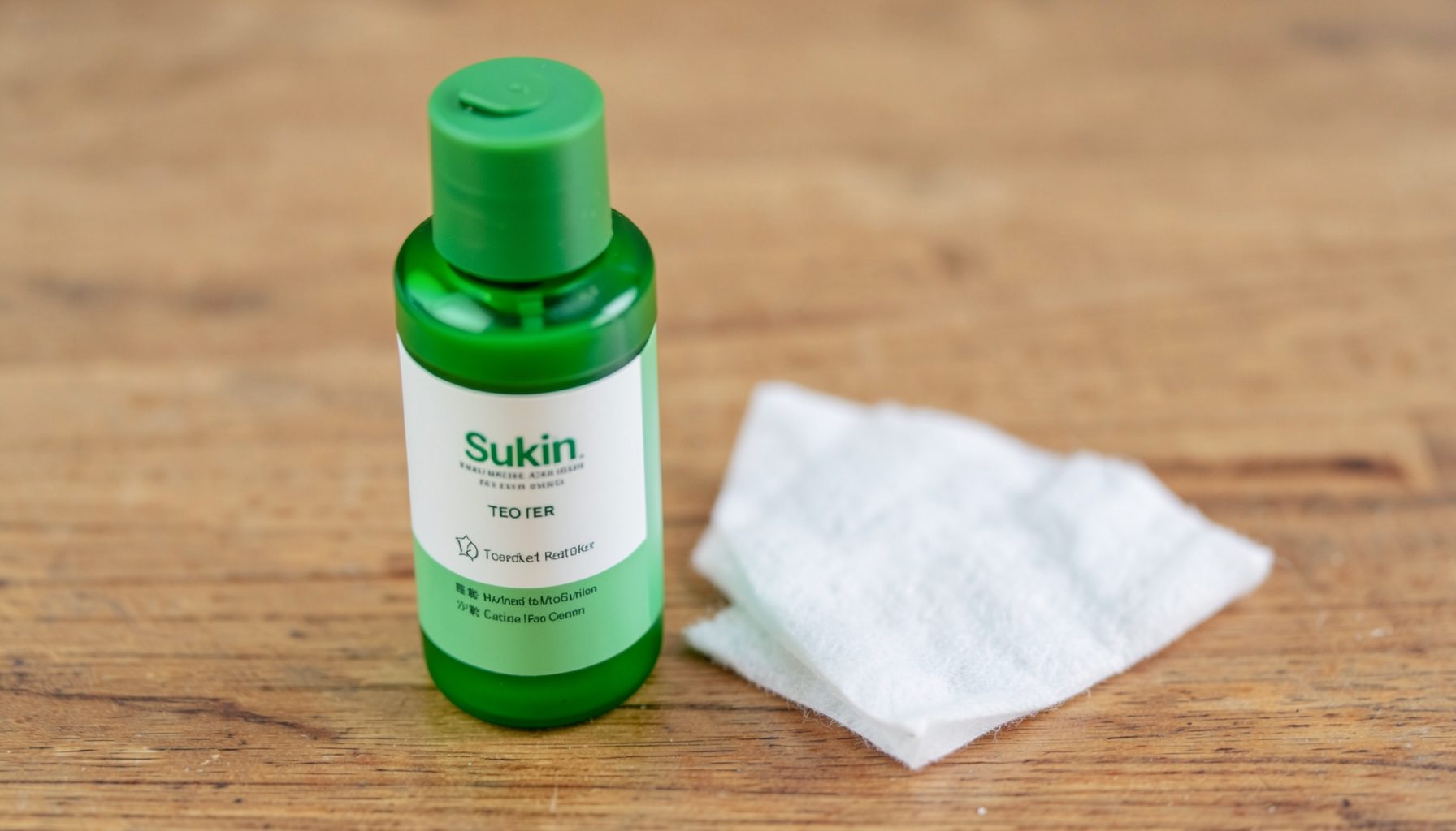 A green and white toner bottle beside a cotton pad on a wooden surface, calm natural styling