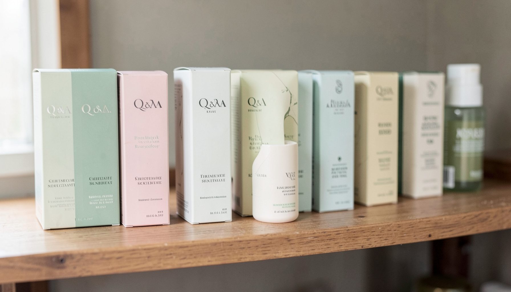A lineup of Q+A skincare products in pastel packaging on a wooden shelf, with soft diffused daylight and muted sage and cream tones.
