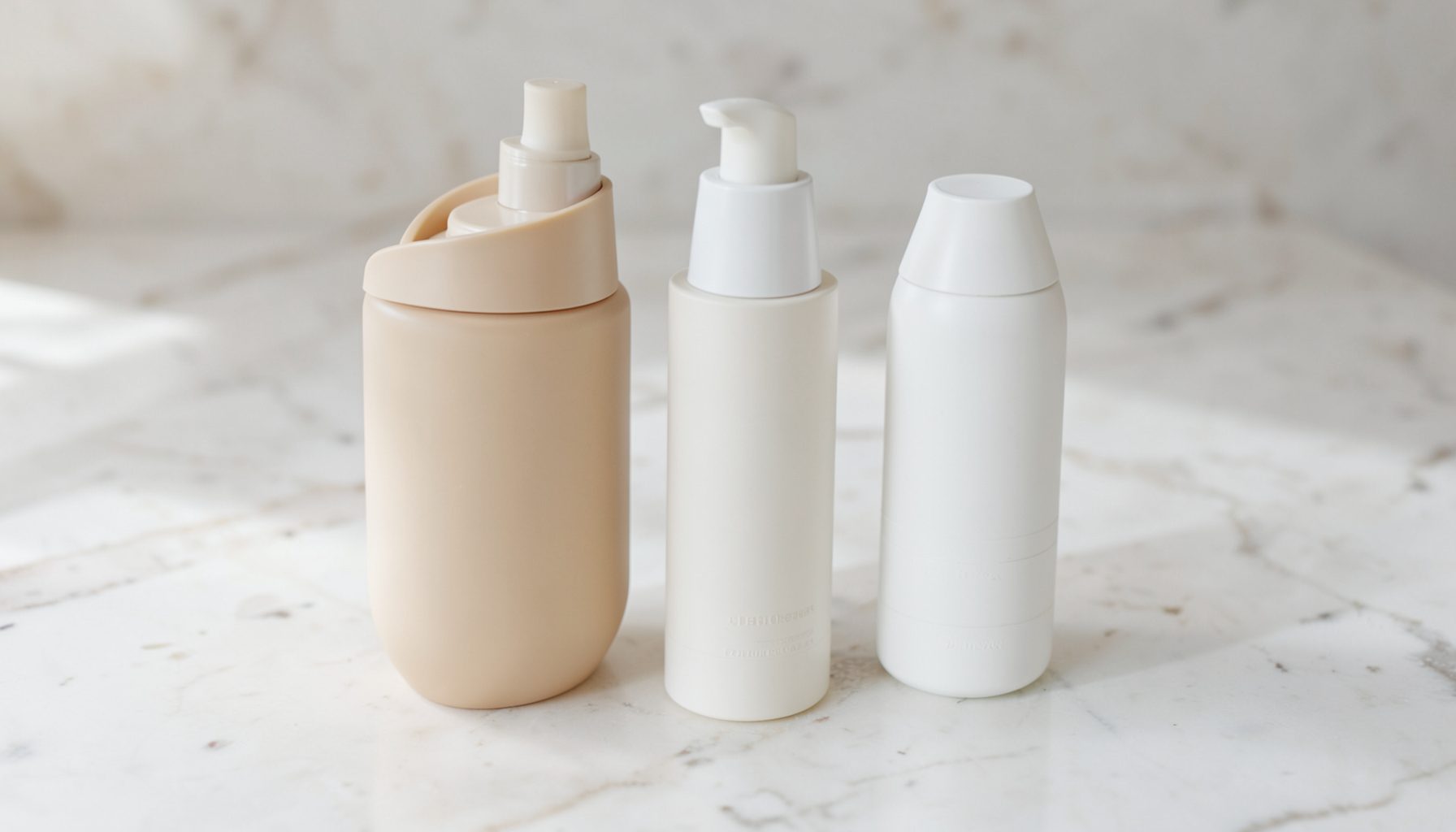Soft beige and white skincare bottles arranged on a light marble surface with gentle natural light