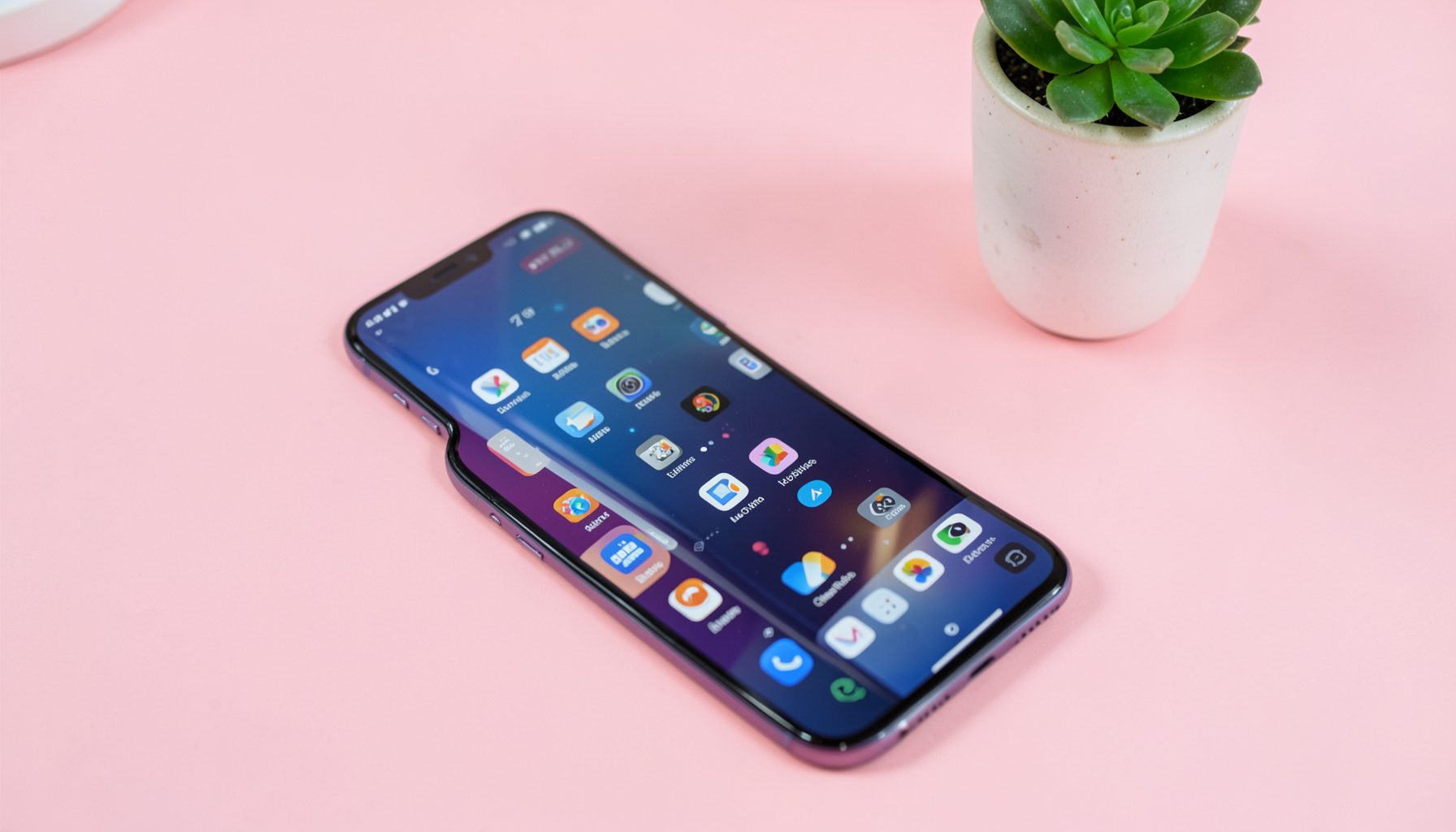 a smartphone resting on a pastel pink desk beside neatly organised app icons and a small plant, tidy modern mood
