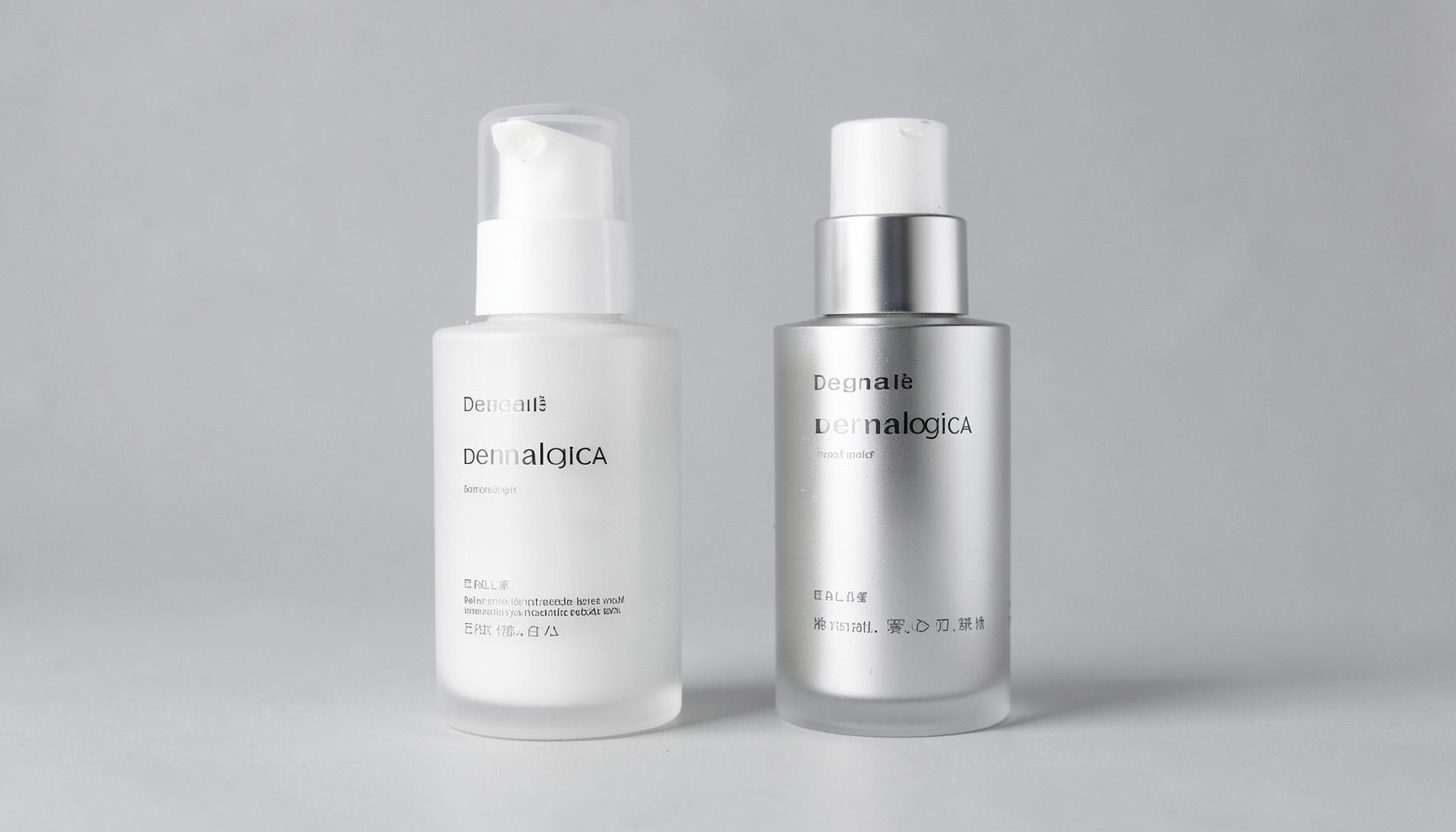 Two sleek white and silver Dermalogica serum bottles on a soft grey backdrop