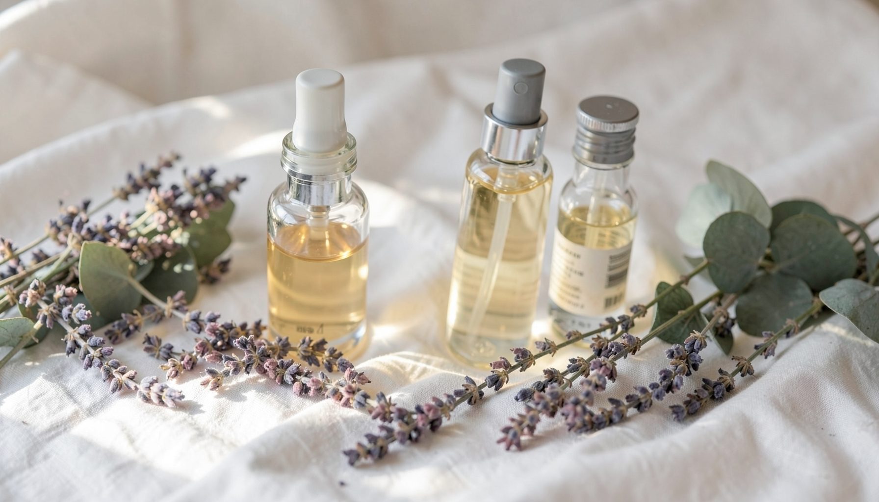Soft natural light falling across glass bottles of facial oils and botanical serums on a white linen cloth