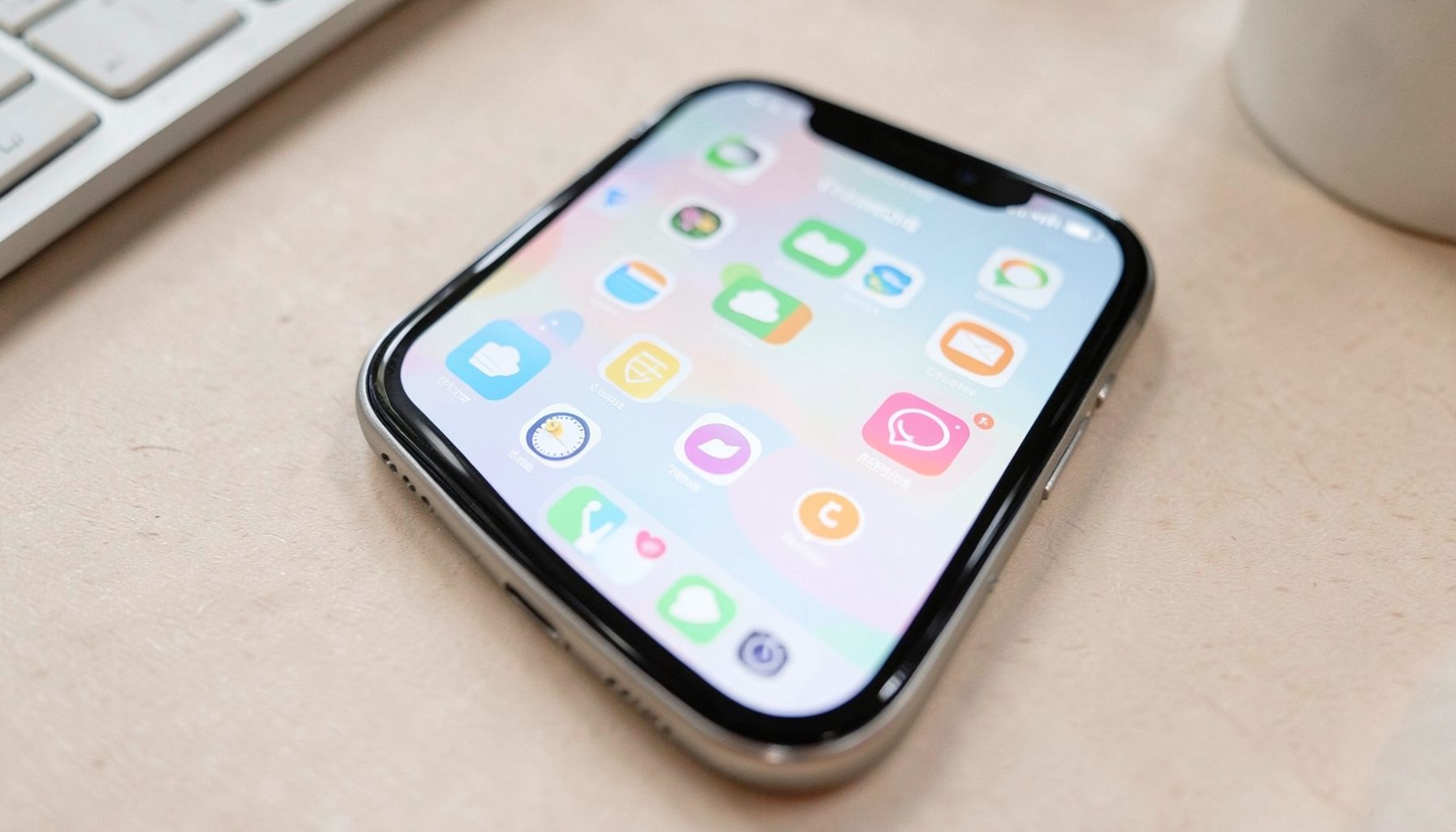 An iPhone displaying pastel app icons arranged in a custom aesthetic layout on a desk