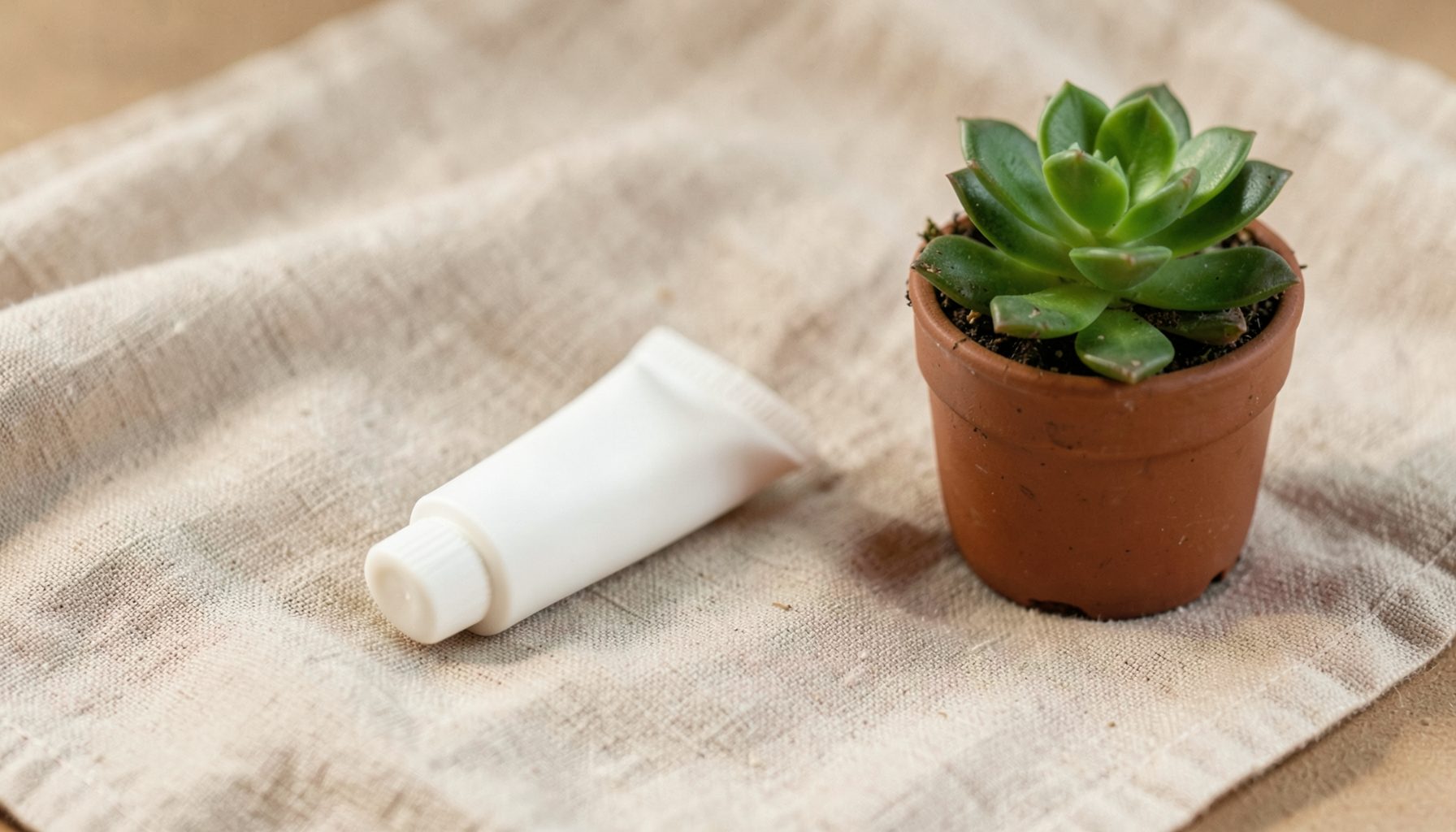 A white tube of natural lip balm resting on a linen cloth next to a small potted succulent, with warm neutral tones