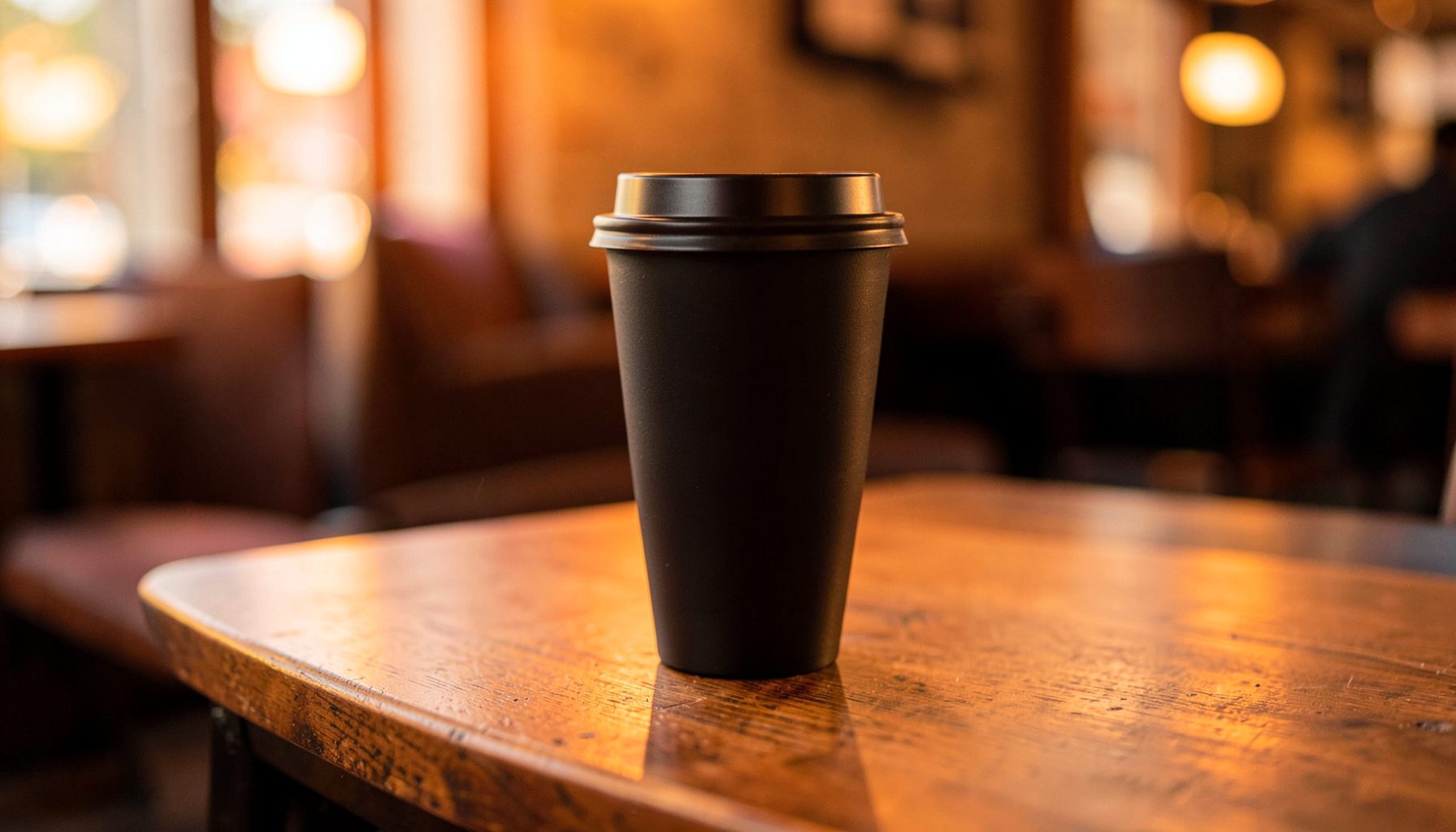 a reusable coffee cup in matte black resting on a café table with soft orange morning light, cozy mood