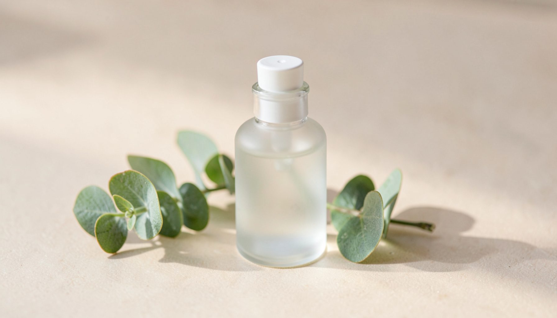 A frosted glass bottle of facial serum beside a sprig of eucalyptus on a pale beige surface, bathed in soft morning light