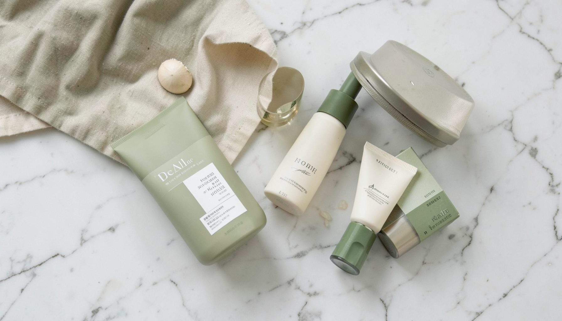 A selection of clean beauty products arranged on a marble surface with a cotton cloth, in soft earthy greens and creams