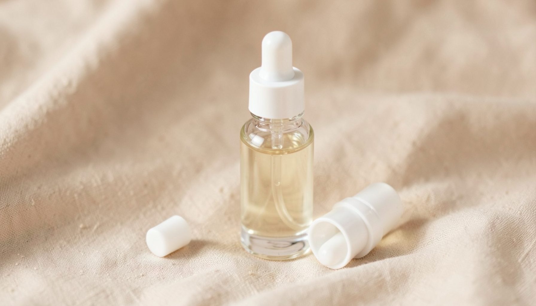 A glass bottle of facial serum beside a white dropper on a soft beige linen backdrop, warm neutral tones