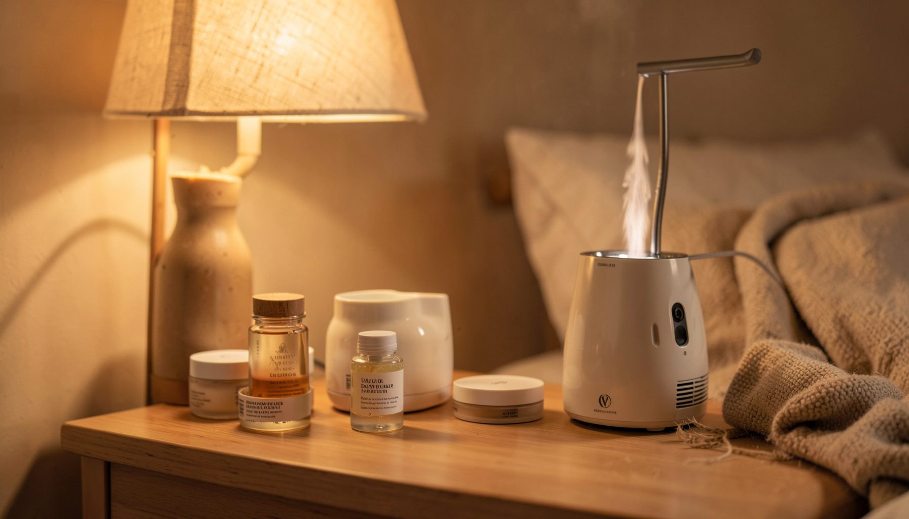 A seasonal skincare swap: richer creams and a humidifier on a bedside table, with warm amber and oatmeal tones and soft bedside lighting.