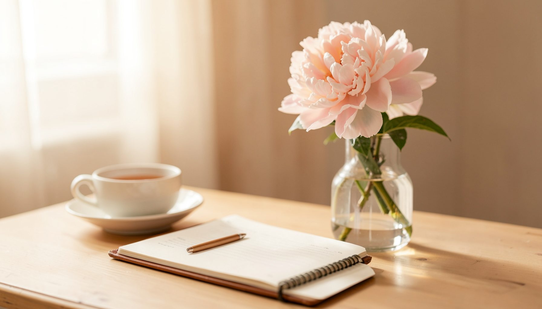 A softly lit desk scene with a notebook, a cup of tea, and a pale pink peony in a glass vase, warm and inviting tones of cream and blush.