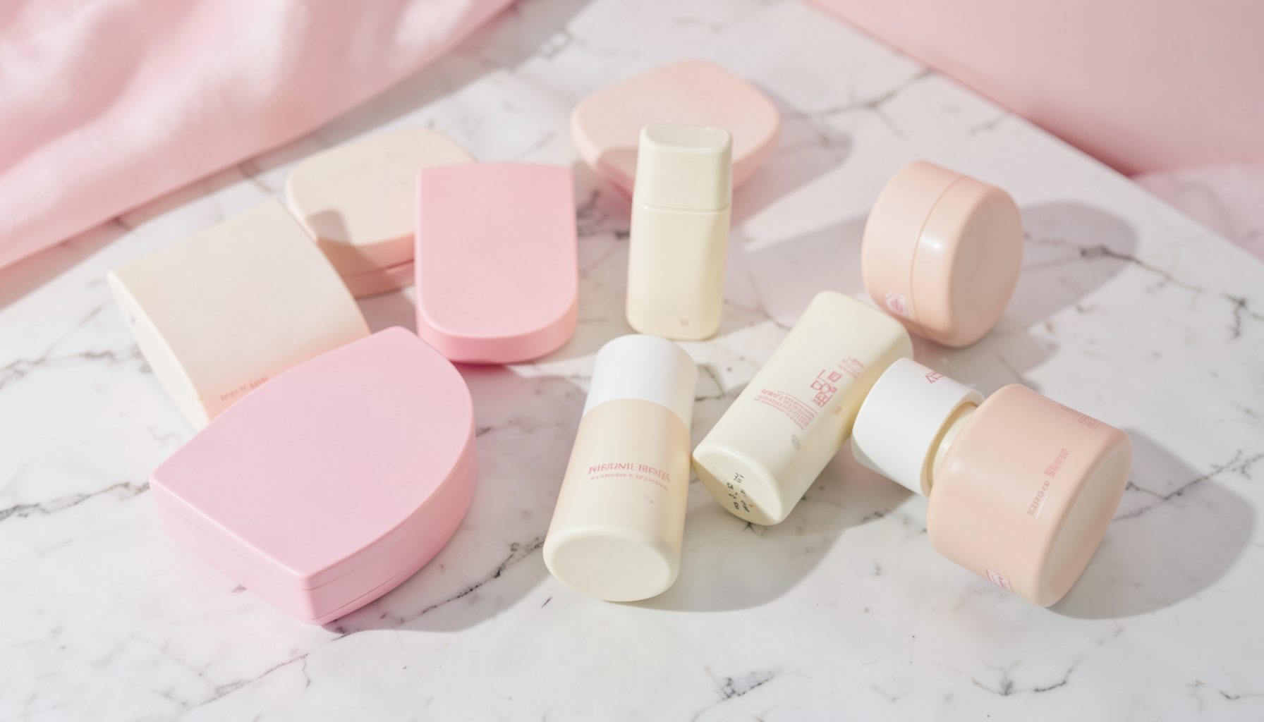 Soft pastel beauty products arranged on a marble surface with gentle natural light, pink and cream tones dominating