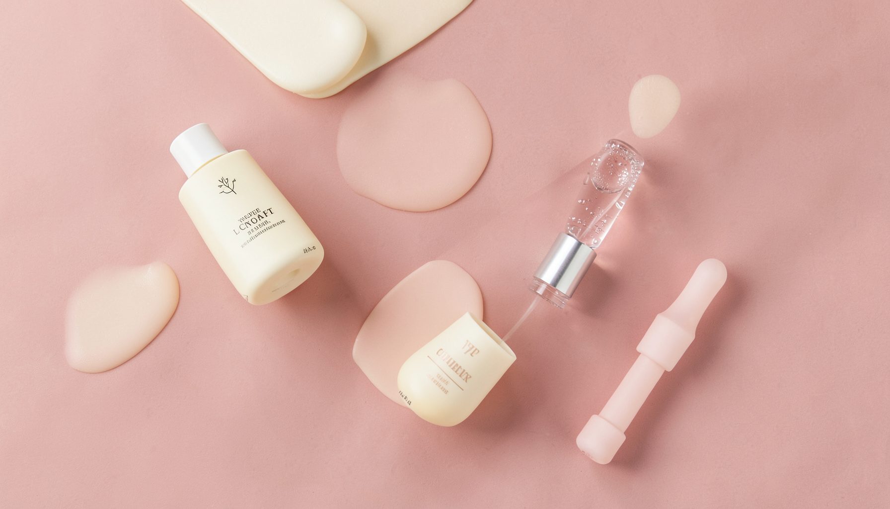 Soft flat-lay of skincare bottles and a dropper serum in warm cream and dusty pink tones, calm and clean mood.