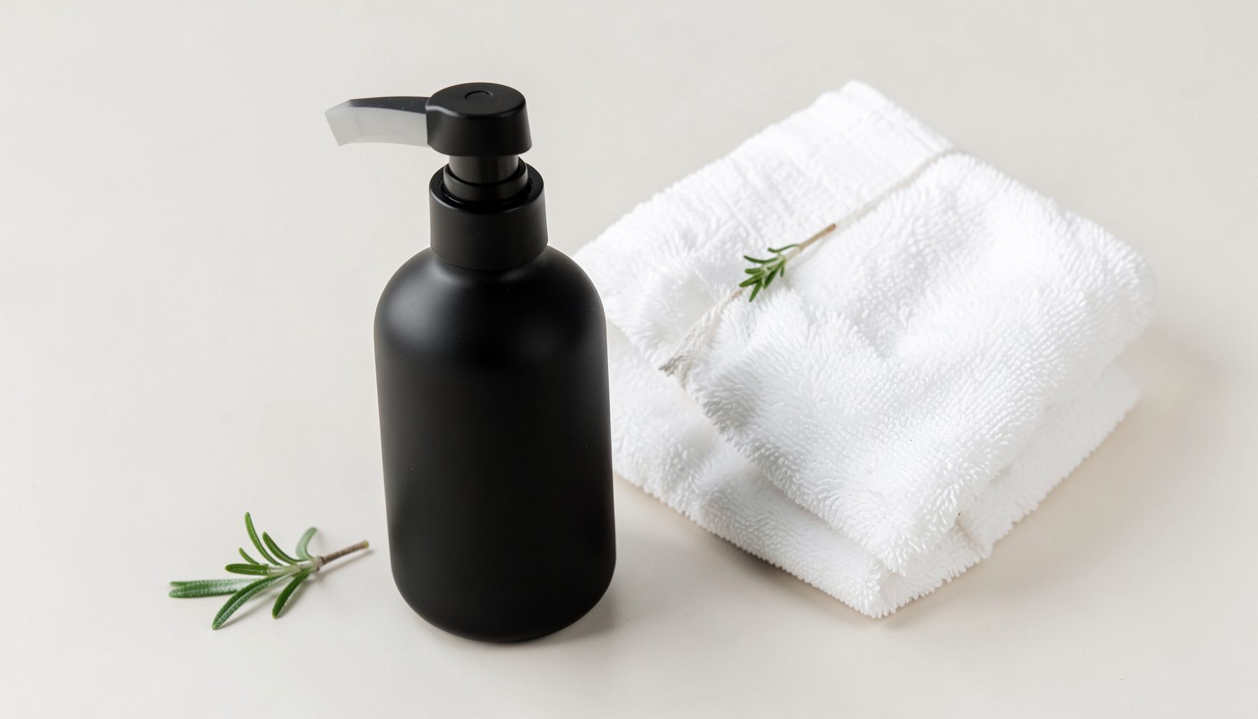 A matte black pump bottle of cleanser beside a folded white towel and a sprig of rosemary, with clean lines and soft neutral tones